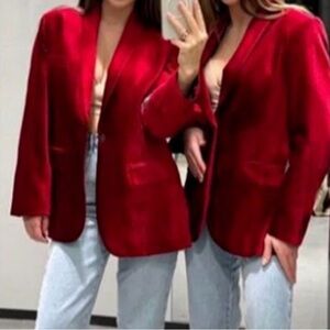 Zara Velvet one Button  Valentines Blazer in red size L